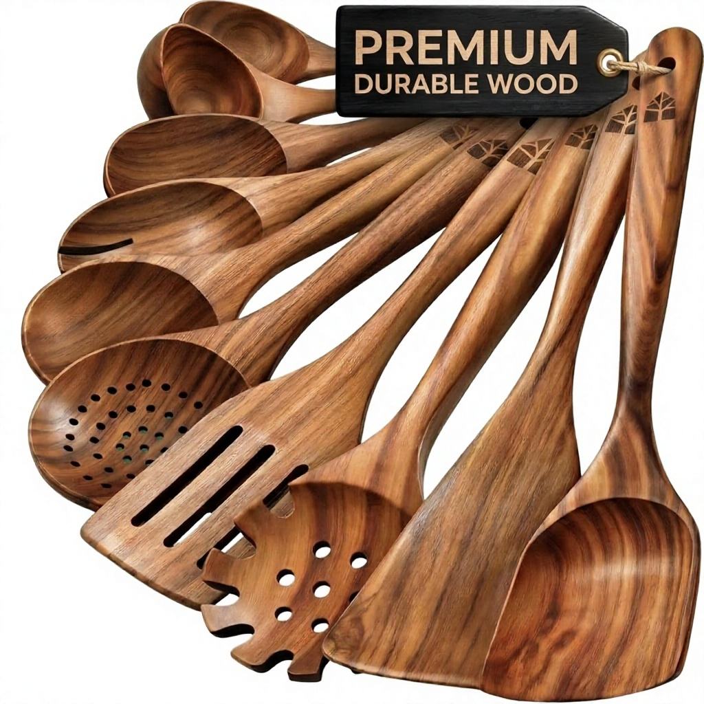Teak Wood Spoon Set with Non-Stick Spatula and Stirring Baking Tools Dishwasher Safe Kitchenware01 Teak Wood Spoon Set with Non-Stick Spatula and Stirring Baking Tools Dishwasher Safe Kitchenware - Image 1