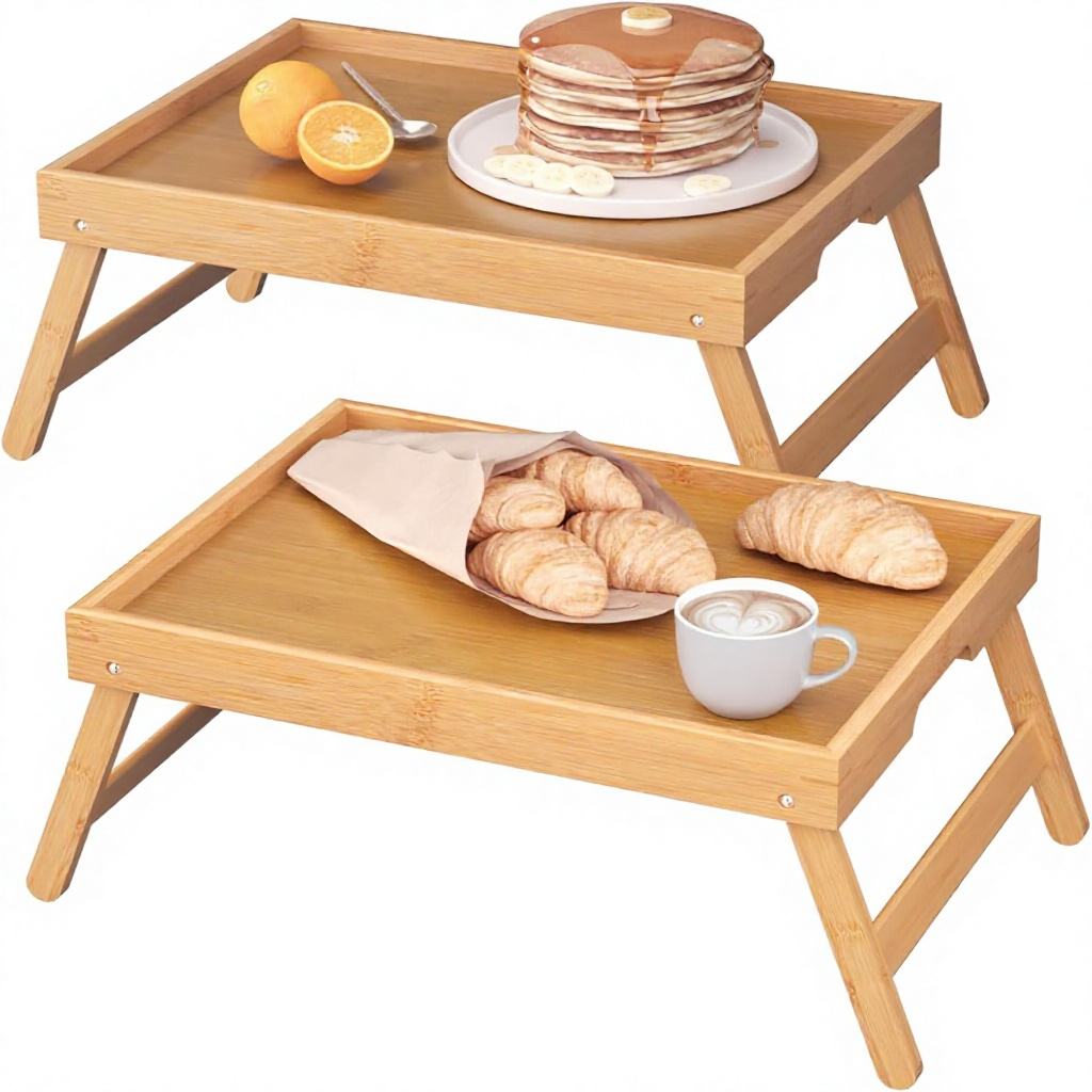 2 Pack Bamboo Bed Tray Table with Folding Legs-Breakfast Serving Food Snack Laptop Working Trays (Natural Made China)01 2 Pack Bamboo Bed Tray Table with Folding Legs-Breakfast Serving Food Snack Laptop Working Trays (Natural Made China) - Image 1