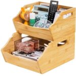 Addreen 2 Pack Bamboo Stackable Rectangular Storage Bins 2 Tier Open Front Handle Food Fruit Container