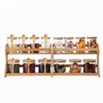 Addreen Bamboo Spice Jar Rack Double Tier Storage Holder With Glass Bottles and Wooden Lids Kitchen Counter Seasoning Organizer