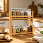 Addreen Bamboo Wood Three Layer Foldable Spice Rack, Standing Countertop Kitchen Storage Organizer - Image 2