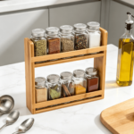 Addreen Bamboo Wood Three Layer Foldable Spice Rack, Standing Countertop Kitchen Storage Organizer - Image 3