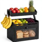 Bamboo Multifunctional Bread Box Fruit Basket Raised-Rail Shelf Clear Door 2 Banana Hooks-Black Large Kitchen Counter Organizer