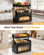 Bamboo Multifunctional Bread Box Fruit Basket Raised-Rail Shelf Clear Door 2 Banana Hooks-Black Large Kitchen Counter Organizer - Image 2