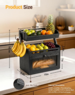 Bamboo Multifunctional Bread Box Fruit Basket Raised-Rail Shelf Clear Door 2 Banana Hooks-Black Large Kitchen Counter Organizer - Image 3