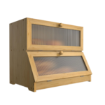 Double Layer Carved Bamboo Eco Friendly Bread Box Rectangle Storage Container with Window for Kitchen Counter