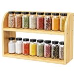 Double Tier Bamboo Spice Rack Counter or Wall Mounted Natural Wood Kitchen Organizer Shelf 5.1D x 15.75W x 10.6H